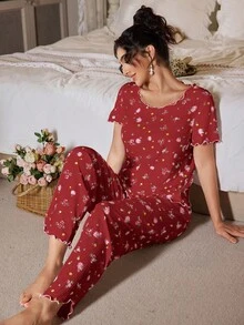 Tulorae Bow Decor Floral Print Textured Knit Women Pajama Set - Red - View 6