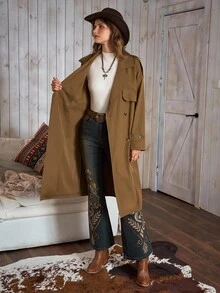 女士复古经典双排扣翻领系腰休闲中长款风衣，LanaWest - 棕色 - 查看 8
