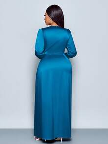 SOLERSUN Women's Elegant Solid Color Ruched Side Satin Bodycon Dress,Suitable For Dating Party Maxi Women Outfit Fall - Teal Blue - View 2