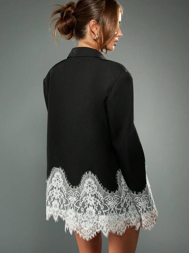 MISSGUIDED Boxy Fit Women Elegant Lace Trim Blazer Dress Long Sleeve Wedding Guest Evening Party Special Occasion Statement Oversized Blazer Business Professional Office Wear