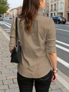 INAWLY Women's Khaki Long Sleeve Cinched Waist Utility Shirt, Outdoor Casual Commuter, Autumn - Mocha Brown - View 2