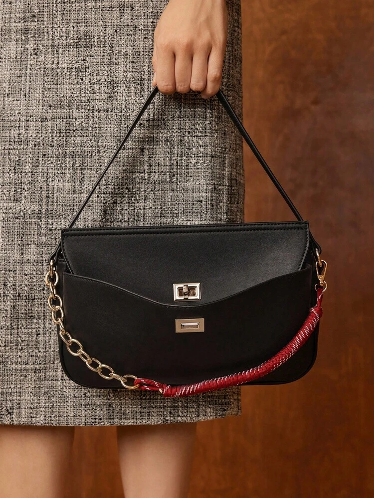 PU LEATHER CHAIN DETAIL SHOULDER BAG