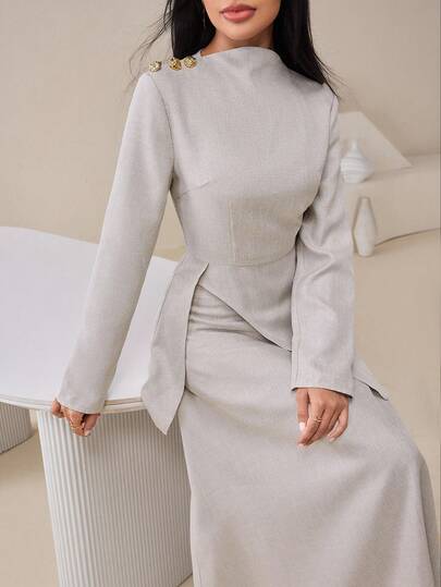 Veilorie 女士优雅通勤纯色开叉下摆衬衫和加长裙两件套