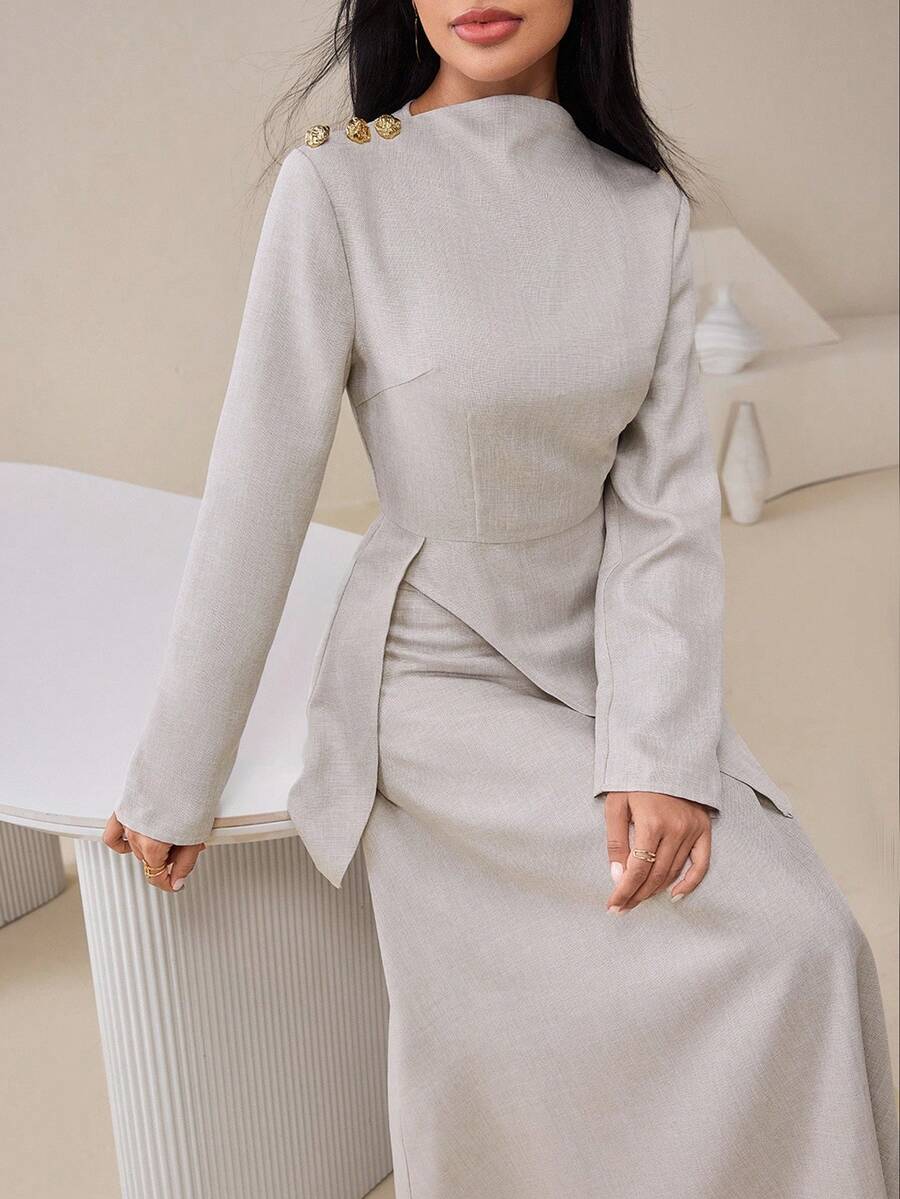 Veilorie Bộ 2 món áo sơ mi xẻ tà màu trơn thanh lịch dành cho nữ đi làm và chân váy dài