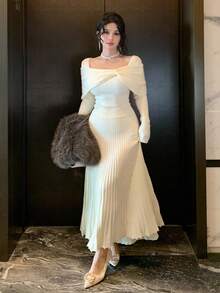 DAZY 女款優雅純色方領不對稱針織洋裝，秋季婚禮賓客女裝 - 米色 - 查看 5