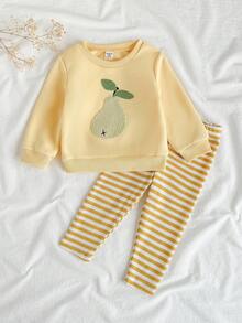 SHEIN Vintaside Kids 婴儿/幼儿女孩 0-3 岁休闲水果梨印花圆领长袖运动衫 + 罗纹打底裤 2 件套服装，春夏 - 黃色 - 查看 3