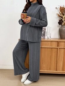 SHEIN 2 件孕妇秋季罗纹高领落肩上衣和可调节腰部裤子休闲套装 Co Ords 套装女士两件套女士舒适 2 件套休闲套装女士感恩节 Ghostface 孕妇装两件套装舒适两件套灰色 - 深灰色 - 查看 7