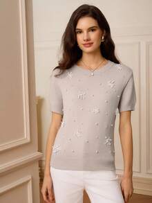 Omancia Women's Beaded Embroidered 3D Floral Casual Gentle Knit Short Sleeve Top, Suitable For Christmas, New Year, Thanksgiving, Halloween, Autumn/Winter
