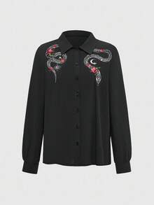 ROMWE Gothic Style Snake & Floral Embroidery Women Long Sleeve Shirt - Black - View 1