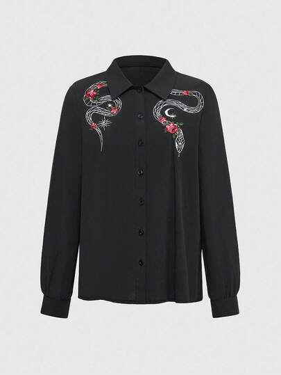 Goth Gothic Style Snake & Floral Embroidery Women Long Sleeve Shirt