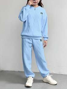 SHEIN 2pcs Girls Casual Slogan Applique Pattern Jacquard Braided Fabric Crew Neck Sweatshirt And Sweatpants Set, Autumn/Winter Fall - Blue - View 5