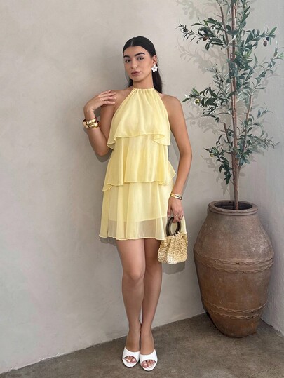 Andrea Bello Vestido corto de gasa con hojas de loto en cascada de color rojo sólido, adecuado para citas diarias, salidas nocturnas, discotecas, fiestas, reuniones, fiestas de cóctel, fiestas de piscina, ropa de vuelta al colegio, vestidos de temporada escolar, vestidos de vacaciones, faldas de tul