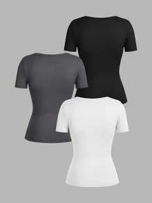 SHEIN EZwear 3 件女式深 V 领紧身休闲短袖基本款分层长袖 T 恤套装，黑色、白色、深灰色，适合春夏季 - 彩色 - 查看 2