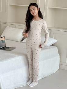 DAZY Tween Girl Butterfly Print Long Sleeve Top And Pants Pajama Set - Apricot - View 3