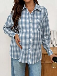 SHEIN Camisa casual maternidade xadrez com ombros caídos, manga comprida, abotoamento simples e bolso