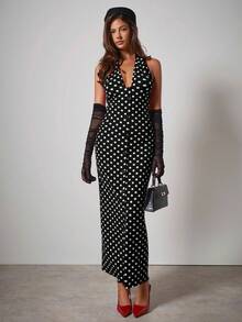 COSMINA Women's Elegant V-Neck Polka Dot Belted Dress, Early Autumn,Date Night Outfits Women,Going Out Outfits,Birthday Dresses For Women,Dress For Wedding Guest,Party Dresses For Women - Black - View 3