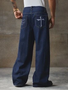 AXEPEAK Jeans casuales anchos y sueltos con bolsillo bordado con cruz para hombres - Azul - Ver 2
