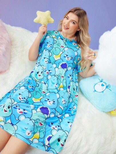 SweetSlumber X Carebears Vestido de dormir de manga corta con cuello redondo y estampado de oso de dibujos animados para tallas grandes