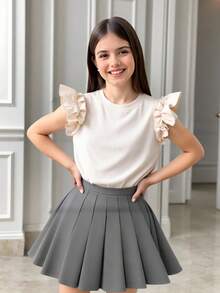 SHEIN Tween 女童杏色荷叶边肩部装饰盖袖紧身 T 恤，春夏 - 杏色 - 查看 4