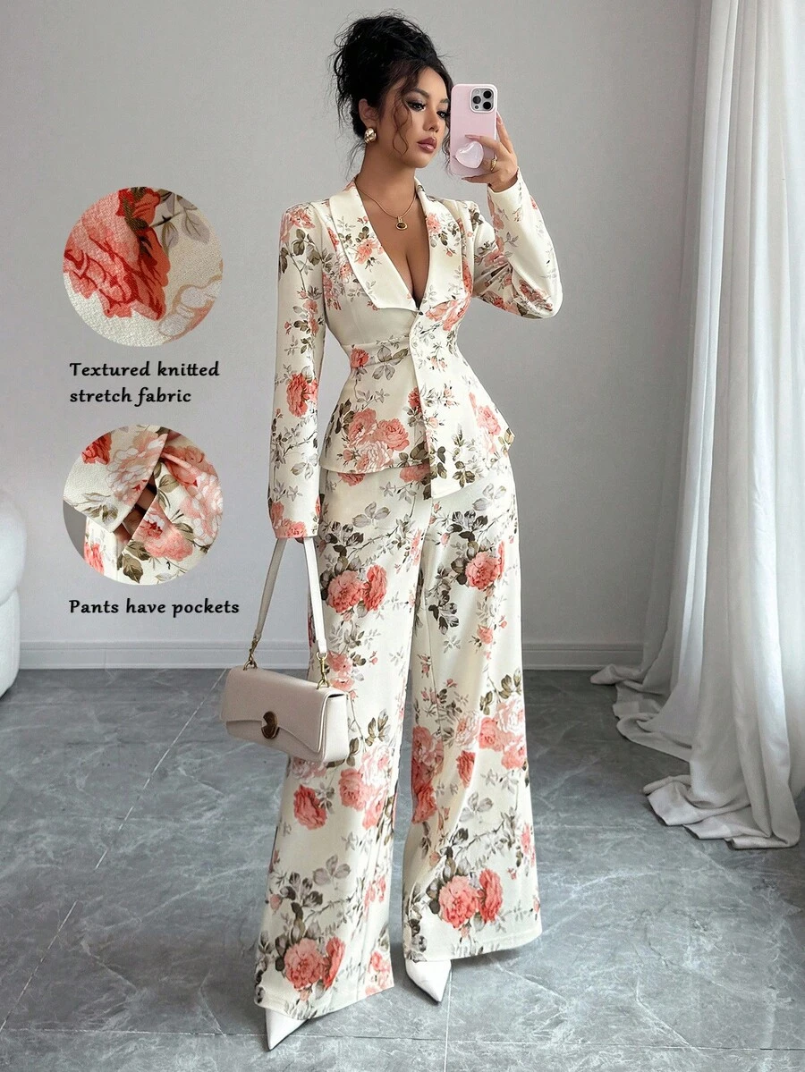 Elenzga 2 件女式花卉印花西装领长袖开衫和阔腿裤松紧腰优雅休闲套装，春秋 - 彩色 - 查看 1