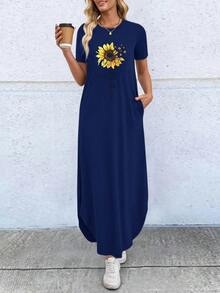 EMERY ROSE Women's Summer Sunflower Printed T-Shirt Style Dress Maxi Women Outfit - Navy Blue - View 3