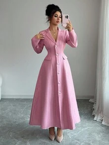 Elenzga Đầm dài chữ A hở lưng tay dài cổ bẻ mới cho nữ, dáng dài thoải mái, năng động, trẻ trung, thanh lịch, phù hợp mặc hàng ngày - Hồng - Xem 4