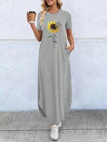 EMERY ROSE Women's Summer Sunflower Printed T-Shirt Style Dress Maxi Women Outfit - Light Grey - View 4