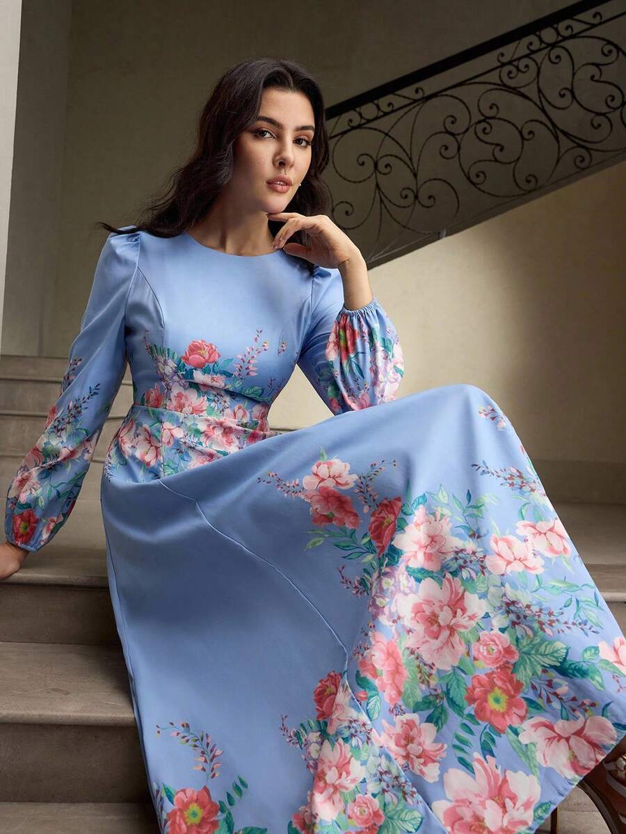ZEYLAH 女士花卉印花灯笼袖圆领中长连衣裙 - 淺藍色 - 查看 1
