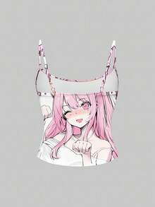 ROMWE Anime Áo hai dây màu hồng hình trái tim dễ thương gợi cảm phong cách Y2K dành cho nữ - Hồng - Xem 2