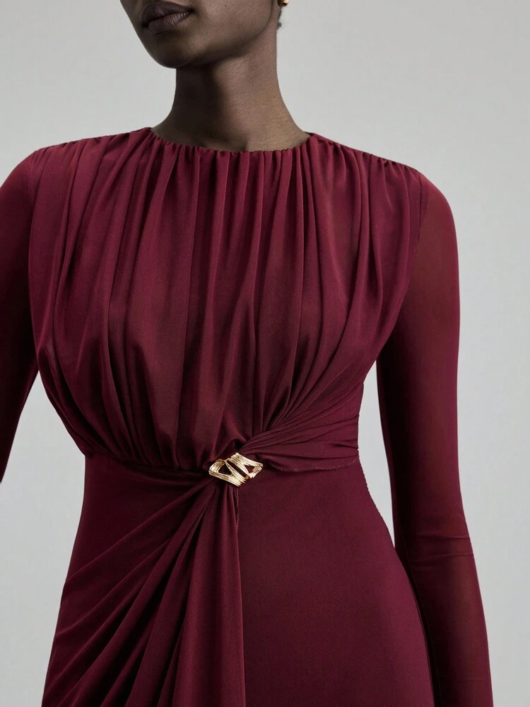 Women Long Dresses Modern Urban Casual Fashion Business Casual Women's Office Wear Low-Key Old Money Style Effortless Temperament High-End Urban Commuting High-Quality Airport Women's Wear High-End Material Christmas Women's Clothing Low-Key And Durable Basic Style, All-Match And Suitable For Everyone, Street Fashion Wear, Coffee Shop Wear, Relaxed Wear All-Season Maroon Dress Draped Dress Wine Dress Long Sleeve Dress Elegant Dress High-End, Elegant, Old-Fashioned Cruise Attire For Wedding Guest