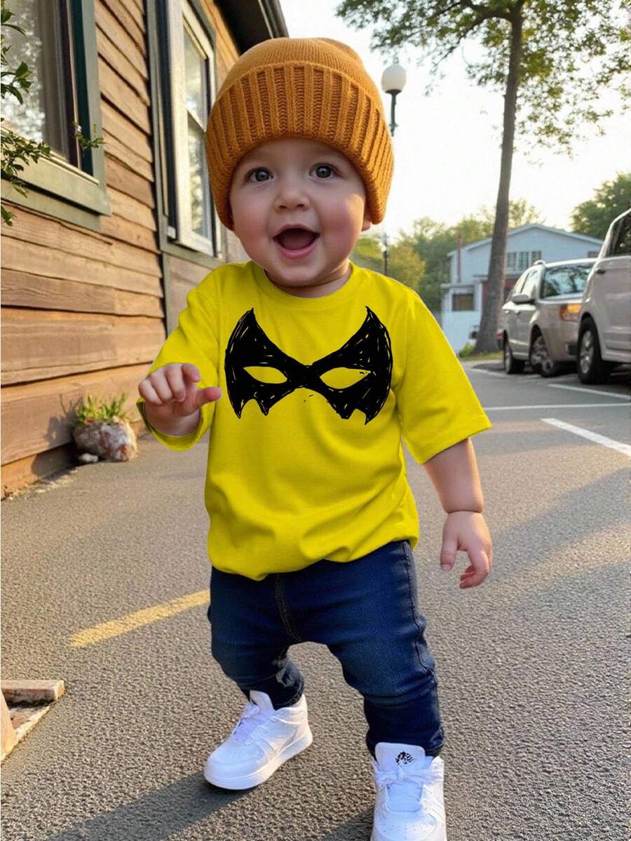BATMAN X SHEIN 男童休闲简约时尚经典酷帅卡通面具图案圆领短袖T恤上衣夏季 - 彩色 - 查看 1