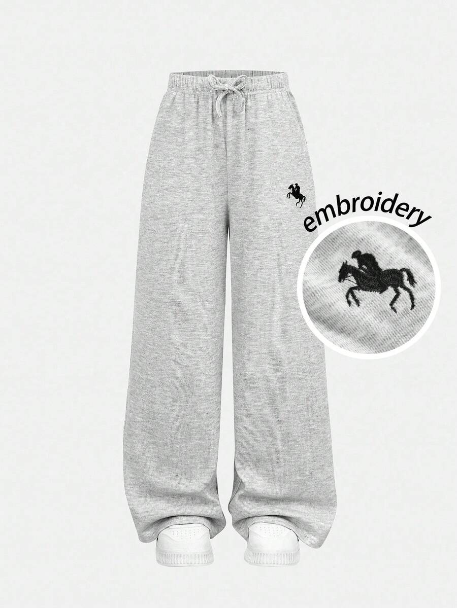 SHEIN Tween 女童宽松休闲简约卡通马刺绣百搭阔腿罗纹针织抽绳运动裤,纯色,灰色,适合返校穿着,居家或外出穿着舒适,秋冬 - 灰色 - 查看 1