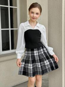 SHEIN 2 Stücke Mädchen Streetcool Set: Schwarz-Weiß Kontrast V-Ausschnitt Bluse mit aufgeblähten Laternenärmeln, Schwarz-Weiß karierter plissierter Minirock, geeignet für Lässig, Schulanfang, Urlaub im Frühling/Herbst - Schwarz und Weiss - Übersicht 7