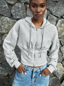 Lumivelle 女士休闲时尚年轻简约百搭修身连帽拉链短款腰部运动衫，秋冬 - 灰色 - 查看 3