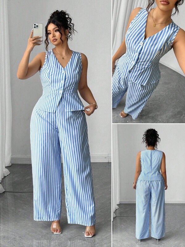 Elenzga Conjunto de 2 piezas de top sin mangas con botones y pantalones a rayas elegante para mujer de talla grande