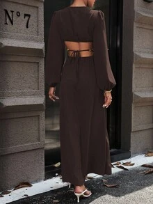EMERY ROSE Vestido largo de mujer con abertura en el muslo, mangas de linterna con anillo en la cintura y corte en la cintura - Marrón Chocolate - Ver 2