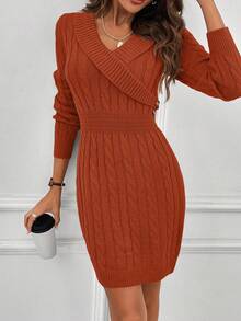 EMERY ROSE Elegant Solid Color Fitted Long Sleeve Sweater Dress For Women - Burnt Orange - View 3