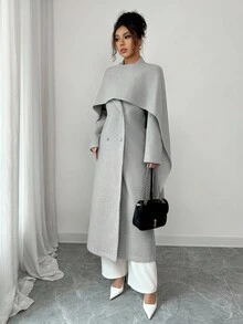 Selianne 女式纯色双排扣长外套和斗篷两件套 - 灰色 - 查看 6