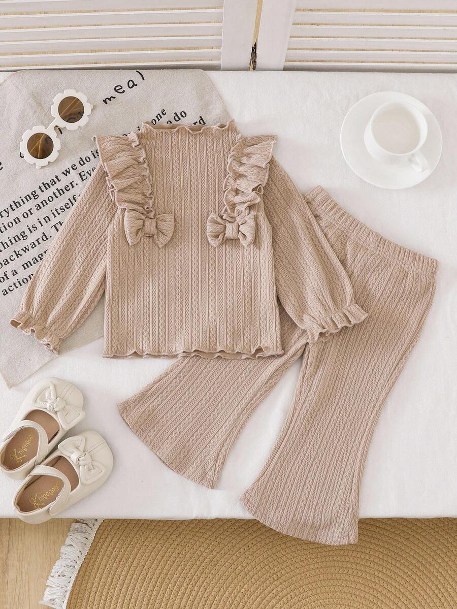 2 Stücke Baby Mädchen bequemes, lässiges Strick-Textil-Set mit Rüschen, Schleifen-Dekor, Langarm-Top und weitem Bein-Hose, geeignet für Frühling, Herbst & Winter Alltagsmode