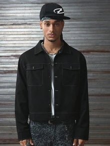 AXEPEAK 男士秋季单排扣实用口袋休闲长袖夹克，Grunge风格 - 黑色 - 查看 3