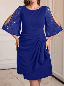 Gownix Plus Size Women's Rhinestone Embellished Split Sleeve Party Dress - Royal Blue - View 5