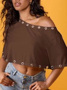 MISSGUIDED Off-Shoulder Crop Top mit metallischen Ösen, oversized, locker sitzend, Sommer Festival Lässig Beach Club Mode, weite Ärmel, kurze Länge