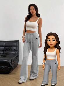 SHEIN EZwear 女式夏季骑士刺绣抽绳腰休闲喇叭裤 - 灰色 - 查看 5