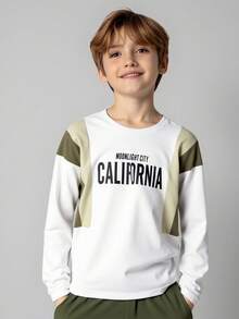 SHEIN 2 piezas Conjunto informal de vacaciones para niños preadolescentes, camiseta de manga larga con cuello redondo, parche, estampado de letras y bolsillo con contraste de color, combinada con pantalones cargo, adecuado para uso casual, vuelta al colegio, fiesta de cumpleaños, fiesta de noche, actuación, bautizo, ceremonia de apertura, uso diario, escuela, viaje, deportes, primavera/verano - Verde militar - Ver 3
