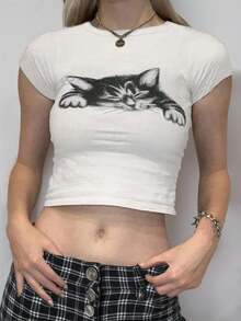 INAWLY 女士短袖貓咪圖案夏季T恤