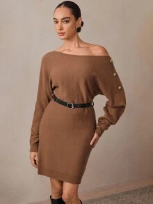 Modelyn Gaun Sweater Wanita dengan Gesper dan Bahu Terbuka - Coffee Brown - View 3