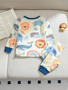 SHEIN 男婴舒适睡衣套装，花卉印花柔软针织圆领长袖上衣和松紧腰长裤 - 彩色 - 查看 2