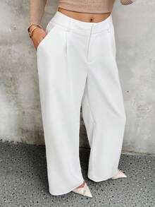 SHEIN Unity Pantalones anchos casuales con pliegues, cintura alta y bolsillos, unicolor, para mujeres - Blanco - Ver 5