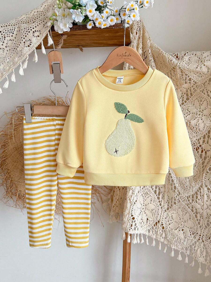 SHEIN Vintaside Kids 婴儿/幼儿女孩 0-3 岁休闲水果梨印花圆领长袖运动衫 + 罗纹打底裤 2 件套服装，春夏 - 黃色 - 查看 1