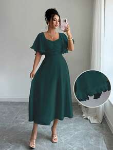 Modelyn 女式纯色奶油黄色雪纺荷叶边袖设计夏季法式度假连衣裙 - 墨綠色 - 查看 7